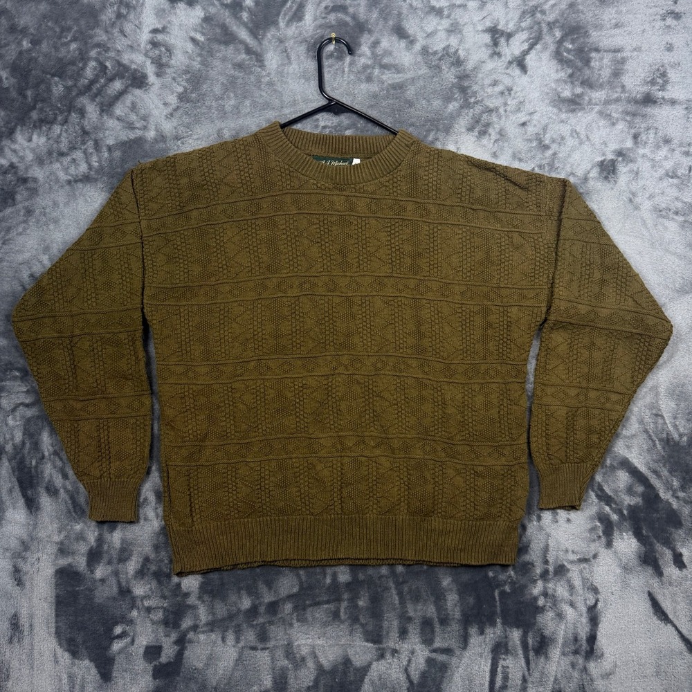 A.J. Michael Sweater Mens XL Olive Green Textured Knit Crewneck USA Made Vintage